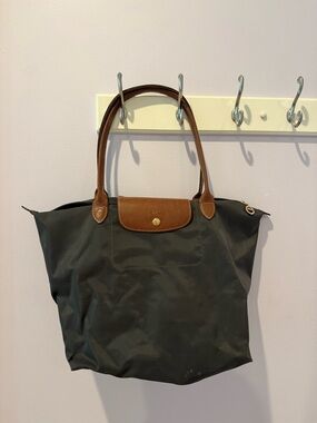Longchamp Black Nylon Tote with Brown Leather Trim